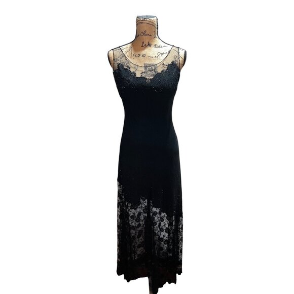 Jovani Dresses & Skirts - Vintage Jovani Black Beaded Lace Slip Dress w Sheer Floral Hem Size 6